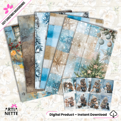 Mega Kolekcja Teł i Clipartów Akwarelowych "Cozy Christmas Collection". Zestaw zawiera przytulne świąteczne grafiki: dzieci, dorosłe postacie w zimowych swetrach, prezenty, śnieżynki, renifery, szopkę, wieńce i świąteczne cytaty. Idealne do kartek DIY i Journalingu.