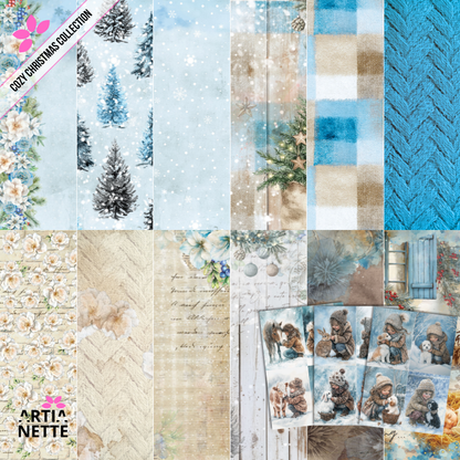 Mega Kolekcja Teł i Clipartów Akwarelowych "Cozy Christmas Collection". Zestaw zawiera przytulne świąteczne grafiki: dzieci, dorosłe postacie w zimowych swetrach, prezenty, śnieżynki, renifery, szopkę, wieńce i świąteczne cytaty. Idealne do kartek DIY i Journalingu.