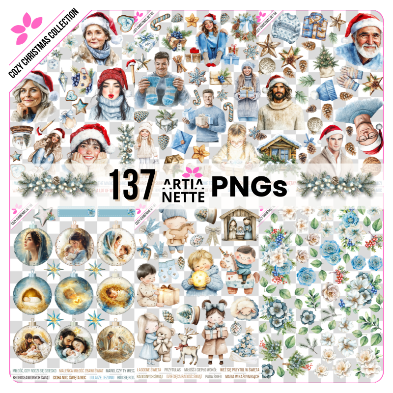 Mega Kolekcja Clipartów Akwarelowych "Cozy Christmas Collection". Zestaw zawiera przytulne świąteczne grafiki: dzieci, dorosłe postacie w zimowych swetrach, prezenty, śnieżynki, renifery, szopkę, wieńce i świąteczne cytaty. Idealne do kartek DIY i Journalingu.