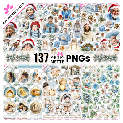 Mega Kolekcja Clipartów Akwarelowych "Cozy Christmas Collection". Zestaw zawiera przytulne świąteczne grafiki: dzieci, dorosłe postacie w zimowych swetrach, prezenty, śnieżynki, renifery, szopkę, wieńce i świąteczne cytaty. Idealne do kartek DIY i Journalingu.
