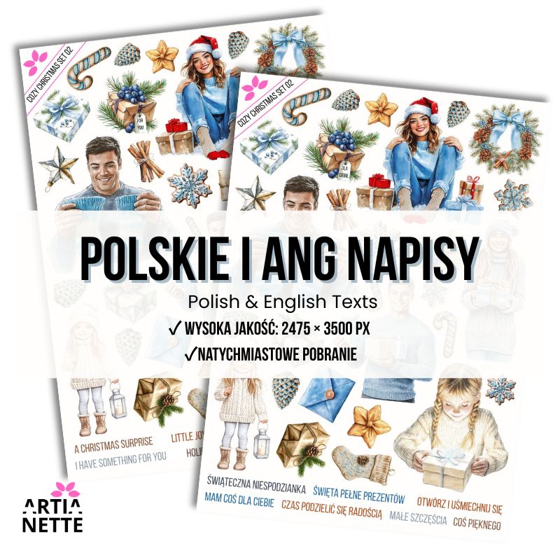 21 Clipartów PNG "Cozy Christmas Set 02" w stylu akwareli. Grafiki przedstawiają dorosłe i dziecięce postacie, prezenty, niebieskie śnieżynki i wieńce. Zestaw zawiera również arkusz A4 do druku.