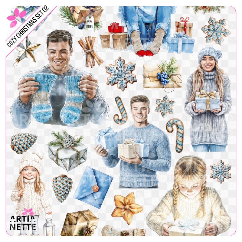 Cozy Christmas SET 02 Arkusz A4 + 21 Clipartów PNG Dorośli, Prezenty