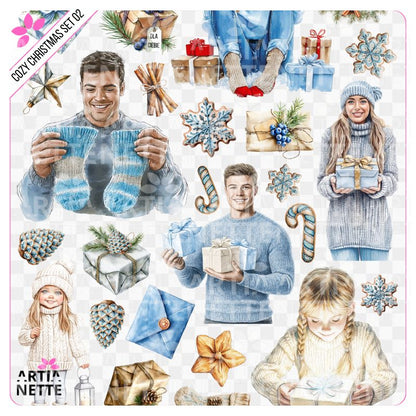 Cozy Christmas SET 02 Arkusz A4 + 21 Clipartów PNG Dorośli, Prezenty