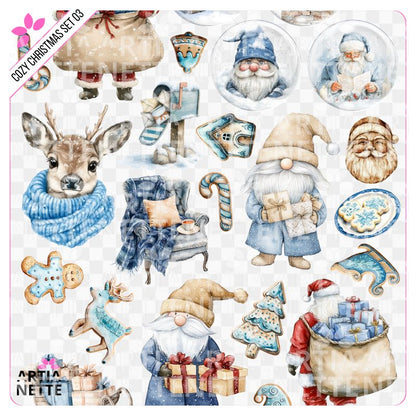 21 Clipartów PNG "Cozy Christmas Set 03". Akwarelowe grafiki gnomów, Świętego Mikołaja, renifera, prezentów i pierniczków. Zestaw zawiera gotowe polskie napisy.