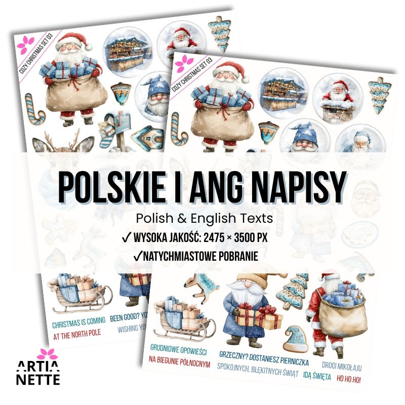 21 Clipartów PNG "Cozy Christmas Set 03". Akwarelowe grafiki gnomów, Świętego Mikołaja, renifera, prezentów i pierniczków. Zestaw zawiera gotowe polskie napisy.