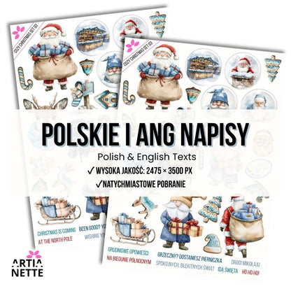 21 Clipartów PNG "Cozy Christmas Set 03". Akwarelowe grafiki gnomów, Świętego Mikołaja, renifera, prezentów i pierniczków. Zestaw zawiera gotowe polskie napisy.