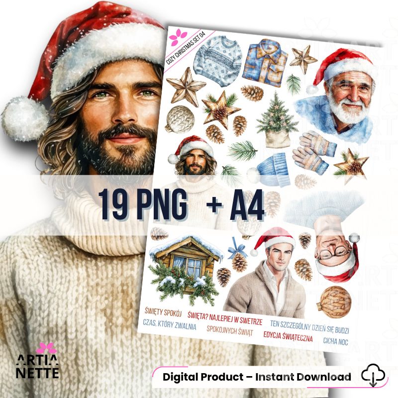 19 Clipartów PNG "Cozy Christmas Set 04". Akwarelowe grafiki męskich postaci w świątecznych czapkach, zimowych ubrań, choinek i domków. Zestaw zawiera polskie teksty świąteczne.