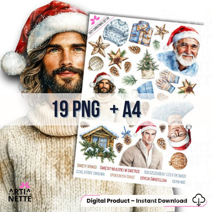 19 Clipartów PNG "Cozy Christmas Set 04". Akwarelowe grafiki męskich postaci w świątecznych czapkach, zimowych ubrań, choinek i domków. Zestaw zawiera polskie teksty świąteczne.