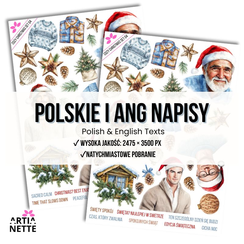 19 Clipartów PNG "Cozy Christmas Set 04". Akwarelowe grafiki męskich postaci w świątecznych czapkach, zimowych ubrań, choinek i domków. Zestaw zawiera polskie teksty świąteczne.