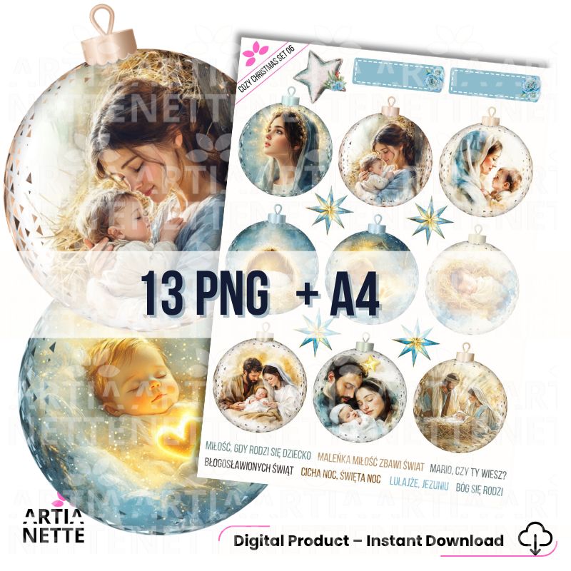 3 Clipartów PNG "Cozy Christmas Set 06". Akwarelowe grafiki bombek szklanych z motywami religijnymi, Świętej Rodziny, Maryi i Dzieciątka Jezus. Zestaw zawiera polskie i angielskie napisy.
