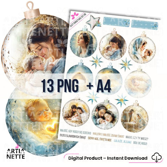 3 Clipartów PNG "Cozy Christmas Set 06". Akwarelowe grafiki bombek szklanych z motywami religijnymi, Świętej Rodziny, Maryi i Dzieciątka Jezus. Zestaw zawiera polskie i angielskie napisy.