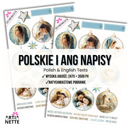 3 Clipartów PNG "Cozy Christmas Set 06". Akwarelowe grafiki bombek szklanych z motywami religijnymi, Świętej Rodziny, Maryi i Dzieciątka Jezus. Zestaw zawiera polskie i angielskie napisy.