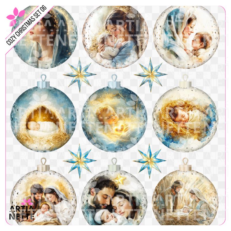 3 Clipartów PNG "Cozy Christmas Set 06". Akwarelowe grafiki bombek szklanych z motywami religijnymi, Świętej Rodziny, Maryi i Dzieciątka Jezus. Zestaw zawiera polskie i angielskie napisy.
