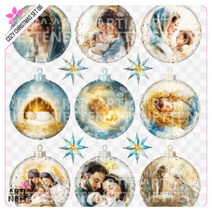 3 Clipartów PNG "Cozy Christmas Set 06". Akwarelowe grafiki bombek szklanych z motywami religijnymi, Świętej Rodziny, Maryi i Dzieciątka Jezus. Zestaw zawiera polskie i angielskie napisy.