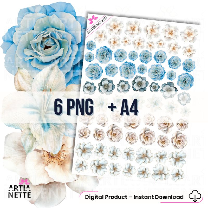 6 Clipartów PNG "Cozy Christmas Set 07". Akwarelowe, zimowe kwiaty, niebieskie róże, białe kwiaty i liście w delikatnej kolorystyce. Zestaw zawiera gotowy arkusz A4.