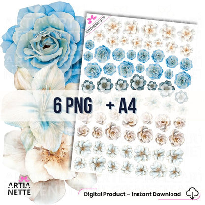 6 Clipartów PNG "Cozy Christmas Set 07". Akwarelowe, zimowe kwiaty, niebieskie róże, białe kwiaty i liście w delikatnej kolorystyce. Zestaw zawiera gotowy arkusz A4.