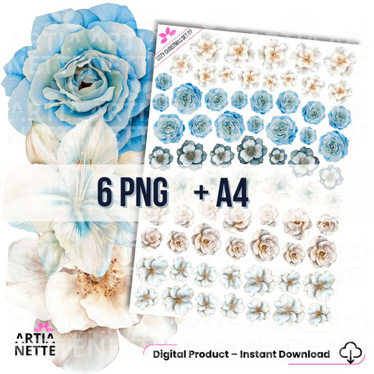 6 Clipartów PNG "Cozy Christmas Set 07". Akwarelowe, zimowe kwiaty, niebieskie róże, białe kwiaty i liście w delikatnej kolorystyce. Zestaw zawiera gotowy arkusz A4.