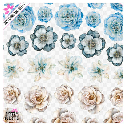 6 Clipartów PNG "Cozy Christmas Set 07". Akwarelowe, zimowe kwiaty, niebieskie róże, białe kwiaty i liście w delikatnej kolorystyce. Zestaw zawiera gotowy arkusz A4.