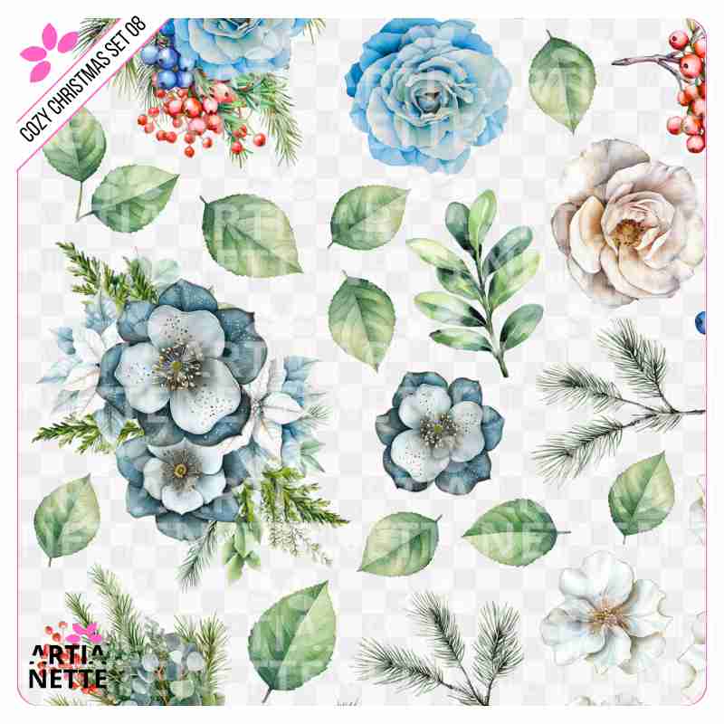 19 Clipartów PNG "Cozy Christmas Set 08". Akwarelowe, zimowe kwiaty, niebieskie róże, czerwone jagody i gałązki igliwia. Zestaw zawiera gotowy arkusz A4.