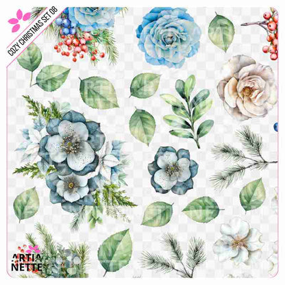 19 Clipartów PNG "Cozy Christmas Set 08". Akwarelowe, zimowe kwiaty, niebieskie róże, czerwone jagody i gałązki igliwia. Zestaw zawiera gotowy arkusz A4.