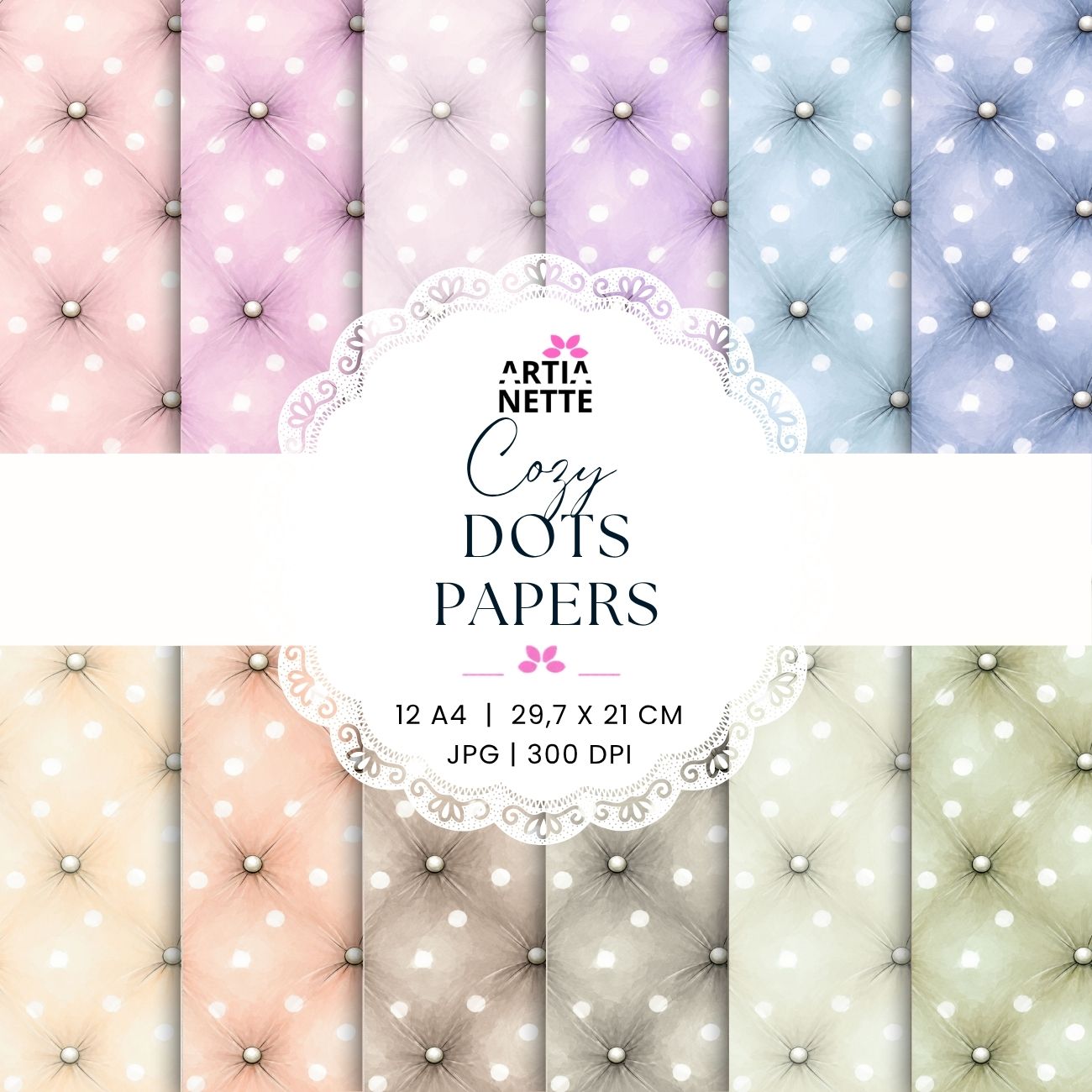 12 pastelowych pikowanych teł w groszki w odcieniach różu, błękitu, lawendy, beżu i zieleni – Cozy Dots Papers