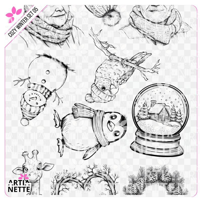 11 Clipartów PNG + 1 A4 "Cozy Winter Set 05". Grafiki liniowe B&W do kolorowania: kolorowanki, stemple do kolorowania, żyrafa w szaliku, portrety seniorów, bałwanek i śnieżna kula.