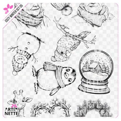 11 Clipartów PNG + 1 A4 "Cozy Winter Set 05". Grafiki liniowe B&W do kolorowania: kolorowanki, stemple do kolorowania, żyrafa w szaliku, portrety seniorów, bałwanek i śnieżna kula.