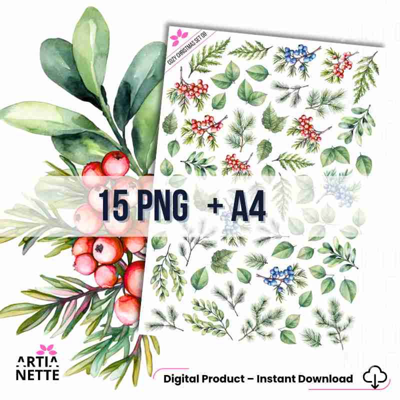 Cozy Christmas SET 09 - Arkusz A4 + 15 Oddzielnych Clipartów PNG Zimowe Gałązki, Liście i Jagody