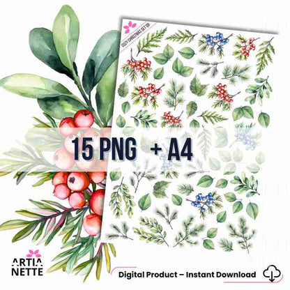 Cozy Christmas SET 09 - Arkusz A4 + 15 Oddzielnych Clipartów PNG Zimowe Gałązki, Liście i Jagody