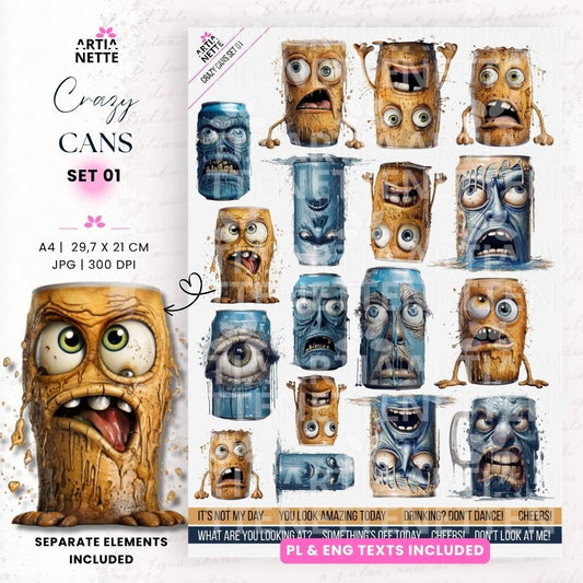 Crazy Cans Set 01 to cyfrowy zestaw zabawnych ilustracji szalonych puszek PNG. Oddzielne elementy 3600x3600 px, 300 DPI oraz napisy PL i EN.