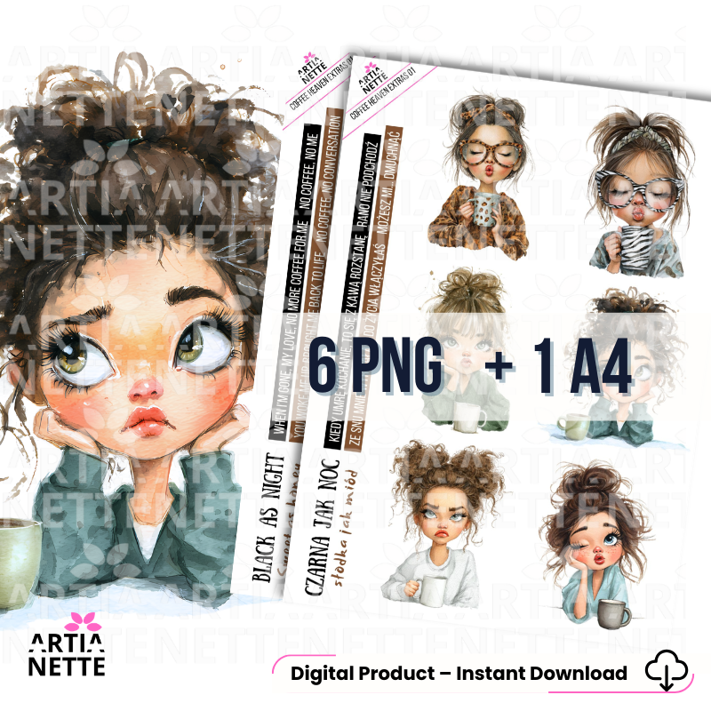 Coffee clipart PNG – dziewczyny z kawą i napisy PL oraz ENG, Coffee Heaven Extras 01