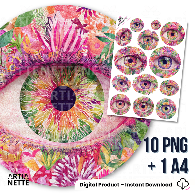 Arkusz do wycinania z kolorowymi ilustracjami oczu otoczonych kwiatami – zestaw 10 grafik PNG w artystycznym stylu.