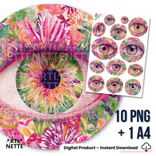 Arkusz do wycinania z kolorowymi ilustracjami oczu otoczonych kwiatami – zestaw 10 grafik PNG w artystycznym stylu.