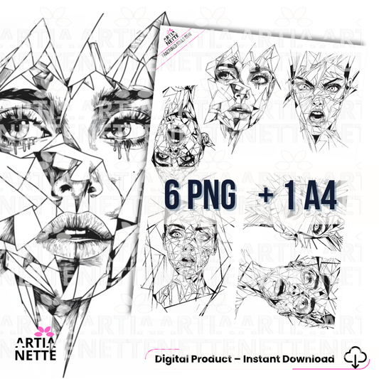 Abstrakcyjne geometryczne portrety kobiet w stylu line art – ilustracje do kolorowania w nowoczesnym stylu.