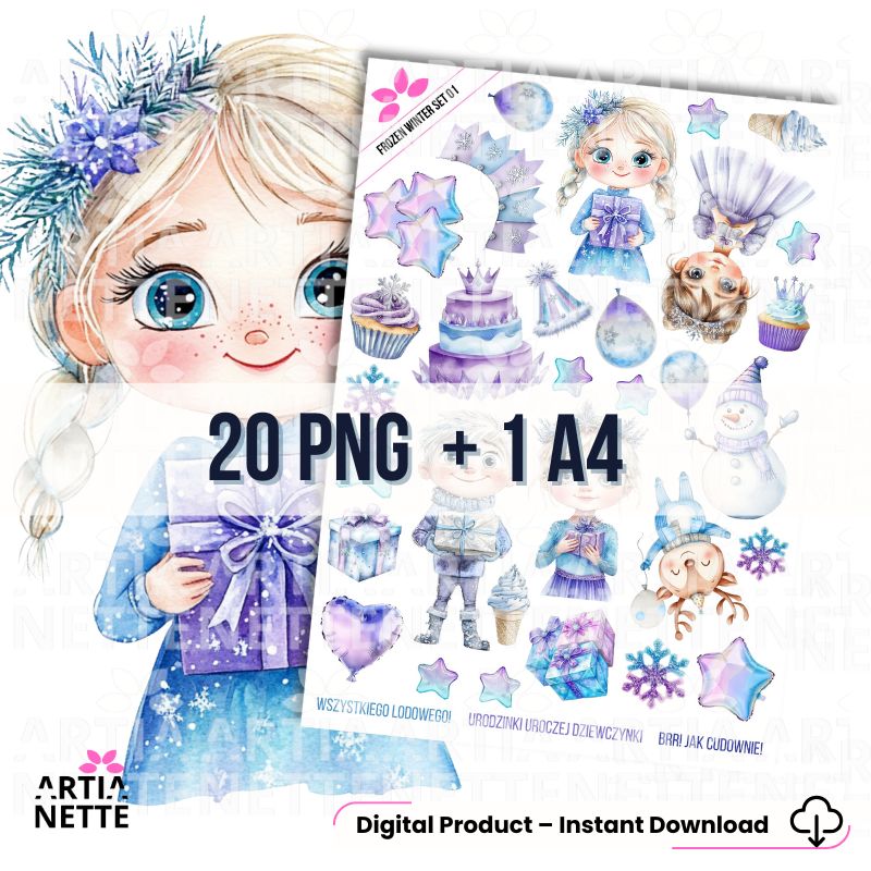 20 Clipartów PNG "Frozen Winter Set 01". Akwarelowe grafiki dziewczynki, bałwana, zimowego renifera, tortów i prezentów w błękitno-fioletowej kolorystyce. Zestaw idealny na zimowe urodziny.