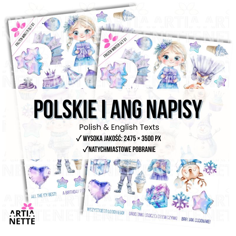 20 Clipartów PNG "Frozen Winter Set 01". Akwarelowe grafiki dziewczynki, bałwana, zimowego renifera, tortów i prezentów w błękitno-fioletowej kolorystyce. Zestaw idealny na zimowe urodziny.