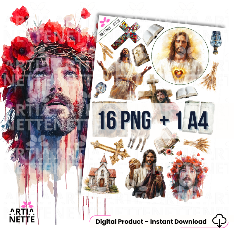 Arkusz A4 do druku oraz zestaw 16 grafik PNG z religijnej kolekcji Holy Times SET 03 o tematyce wielkanocnej i paschalnej. Produkt przeznaczony do rękodzieła i scrapbookingu, zawierający malarskie motywy drogi krzyżowej, ozdobne krzyże oraz symbole chleba i wina w jakości 300 DPI. Idealny do tworzenia kartek świątecznych i papeterii sakralnej.