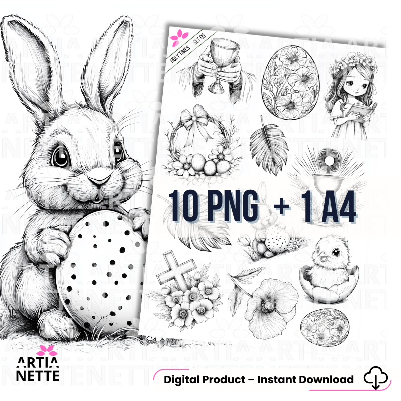 Arkusz A4 do druku oraz zestaw 10 grafik PNG w formie czarno-białych kolorowanek z kolekcji Holy Times SET 05. Produkt przeznaczony do rękodzieła, kreatywnego kolorowania i scrapbookingu, zawierający linearne ilustracje zajączka, kurczaczka, symboli sakralnych oraz kwiatów w jakości 300 DPI. Idealny do tworzenia personalizowanych kartek wielkanocnych i wiosennych materiałów edukacyjnych.