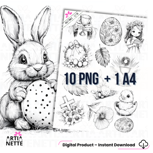 Arkusz A4 do druku oraz zestaw 10 grafik PNG w formie czarno-białych kolorowanek z kolekcji Holy Times SET 05. Produkt przeznaczony do rękodzieła, kreatywnego kolorowania i scrapbookingu, zawierający linearne ilustracje zajączka, kurczaczka, symboli sakralnych oraz kwiatów w jakości 300 DPI. Idealny do tworzenia personalizowanych kartek wielkanocnych i wiosennych materiałów edukacyjnych.