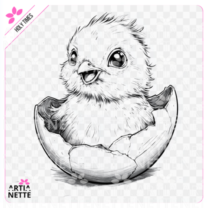 Arkusz A4 do druku oraz zestaw 10 grafik PNG w formie czarno-białych kolorowanek z kolekcji Holy Times SET 05. Produkt przeznaczony do rękodzieła, kreatywnego kolorowania i scrapbookingu, zawierający linearne ilustracje zajączka, kurczaczka, symboli sakralnych oraz kwiatów w jakości 300 DPI. Idealny do tworzenia personalizowanych kartek wielkanocnych i wiosennych materiałów edukacyjnych.