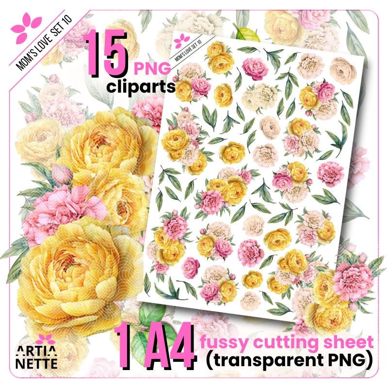 Pink & Yellow Peonies Clipart Set - Watercolor Flowers | Fussy Cutting - Digital PNG | Artianette
