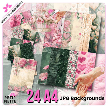 Mom's Love Digital Paper Pack - 24 Floral & Heart Backgrounds | Artianette