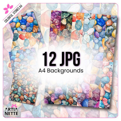 Kolorowe Kamienie Cyfrowe Tła A4 - Colorful Stones A4 - 12 JPG Tła Akwarelowe
