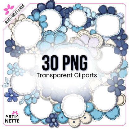 Niebieskie Etykiety i Ramki Kwiatowe Blue Flower Doodle Labels PNG - 30 Klipartów PNG
