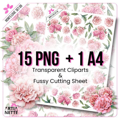 Pink Peonies Clipart Set - Watercolor Flowers & Fussy Cutting - Digital PNG | Artianette