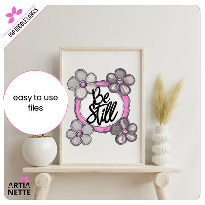 Black&Pink Flower Doodle Labels PNG - 30 Klipartów PNG - Różowo-Szare Kwiatowe Etykiety i Ramki Doodle