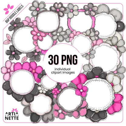 Black&Pink Flower Doodle Labels PNG - 30 Klipartów PNG - Różowo-Szare Kwiatowe Etykiety i Ramki Doodle