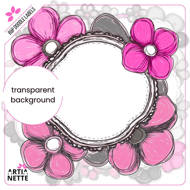 Black&Pink Flower Doodle Labels PNG - 30 Klipartów PNG - Różowo-Szare Kwiatowe Etykiety i Ramki Doodle