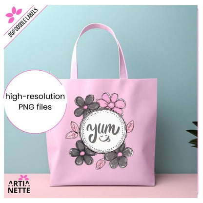 Black&Pink Flower Doodle Labels PNG - 30 Klipartów PNG - Różowo-Szare Kwiatowe Etykiety i Ramki Doodle