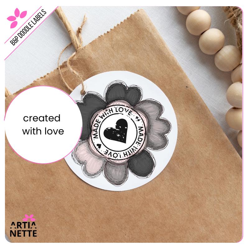 Black&Pink Flower Doodle Labels PNG - 30 Klipartów PNG - Różowo-Szare Kwiatowe Etykiety i Ramki Doodle